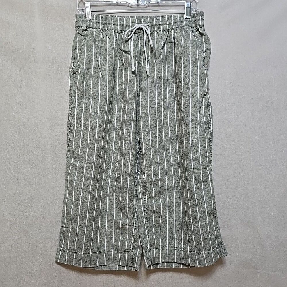 Beach Lunch Lounge Olive & White Stripe Linen Blend Wide Leg Pants Size M